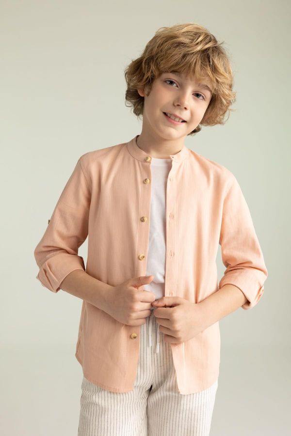 DEFACTO DEFACTO Boy's Stand Collar Linen Look Basic Long Sleeve Shirt