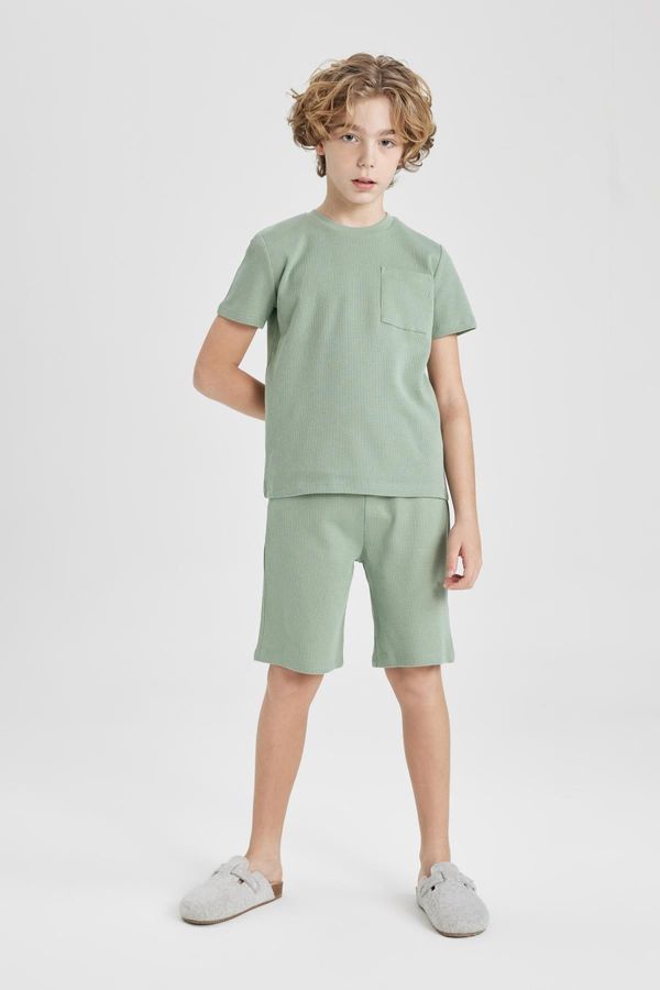 DEFACTO DEFACTO Boy's Waffle Short Sleeve Pajama Set with Shorts