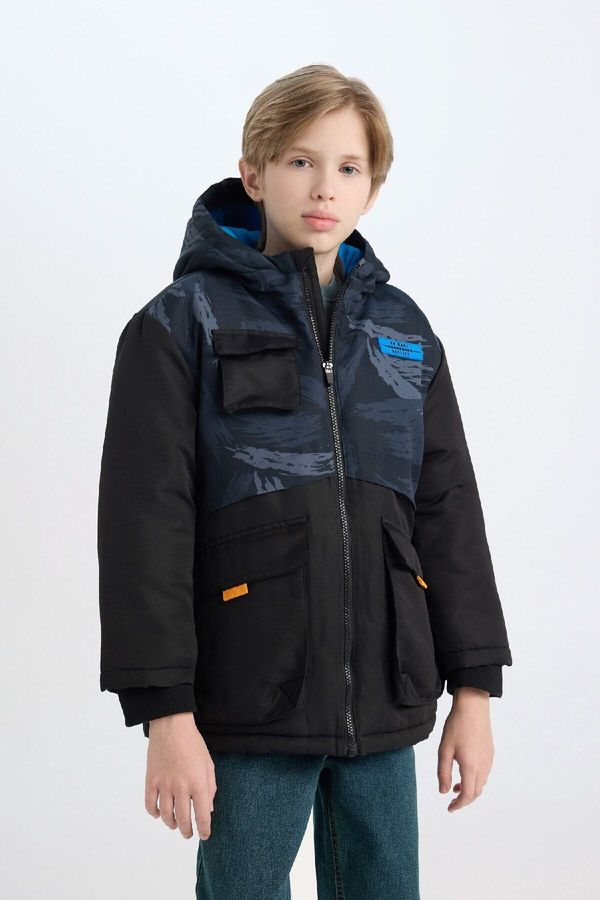 DEFACTO DEFACTO Boy's Water Repellent Hooded Zippered Pocket Fleece Lined Coat