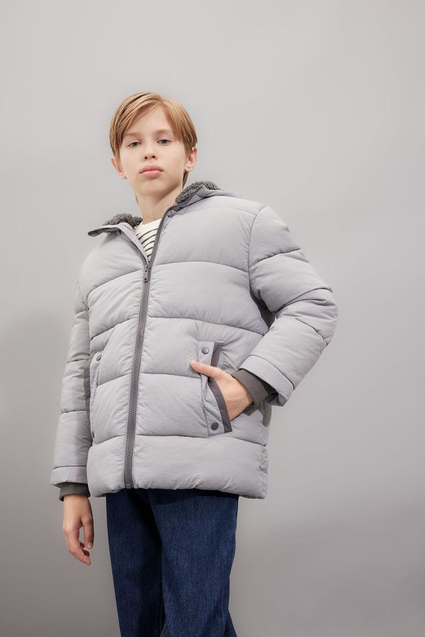 DEFACTO DEFACTO Boy's Water Repellent Hooded Zippered Pocket Plush Lined Puffer Jacket