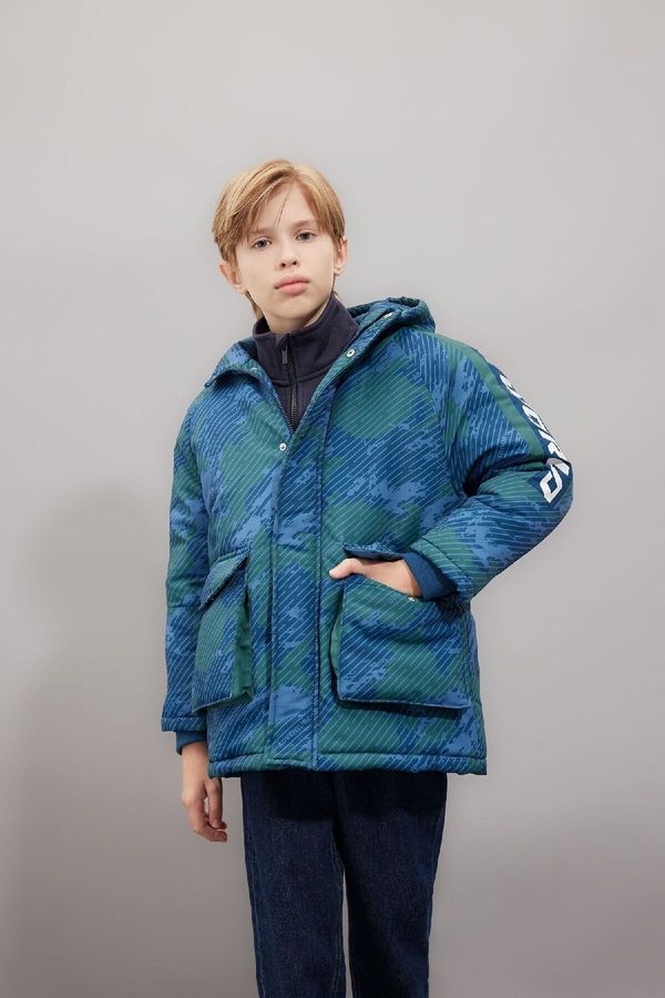 DEFACTO DEFACTO Boy's Water Repellent Hooded Zippered Snap Closure Pocket Coat Parka