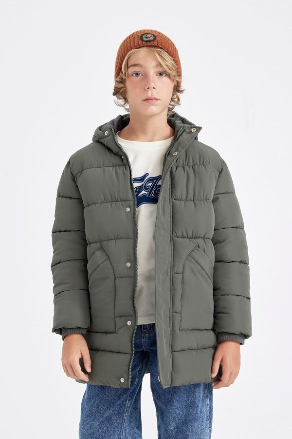 DEFACTO DEFACTO Boy's Water Repellent Hooded Zippered Snap Closure Pocket Puffer Parka