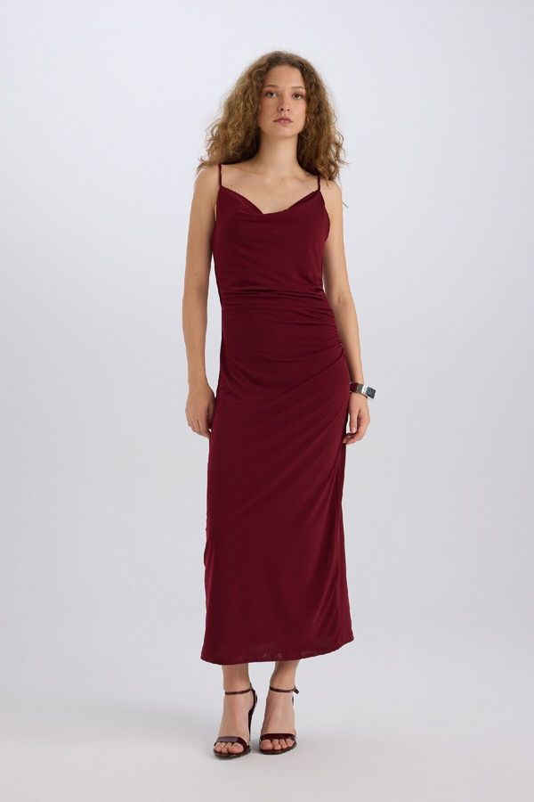 DEFACTO DEFACTO Christmas Themed Bodycon Body-hugging Cowl Neck Strap Maxi Burgundy Dress