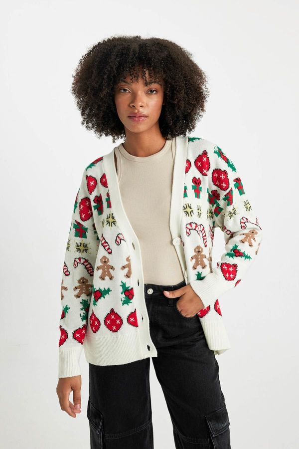 DEFACTO DEFACTO Christmas Themed Oversize Fit V-Neck Knitwear Cardigan