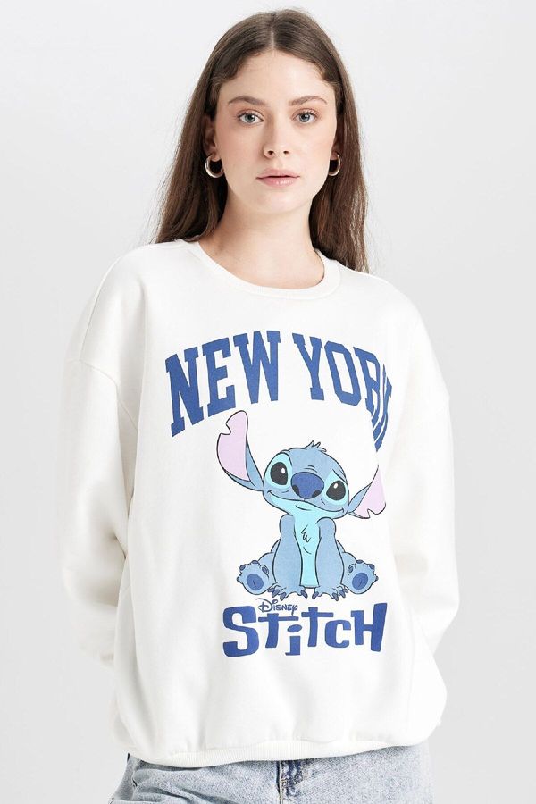 DEFACTO DEFACTO Cool Disney Lilo & Stitch Oversize Wide Pattern Crew Neck Printed Thick Sweatshirt
