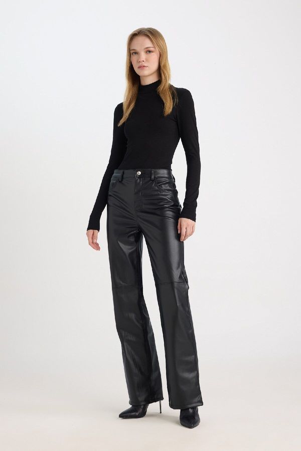 DEFACTO DEFACTO Cool Faux Leather Pants Straight Fit High Waist