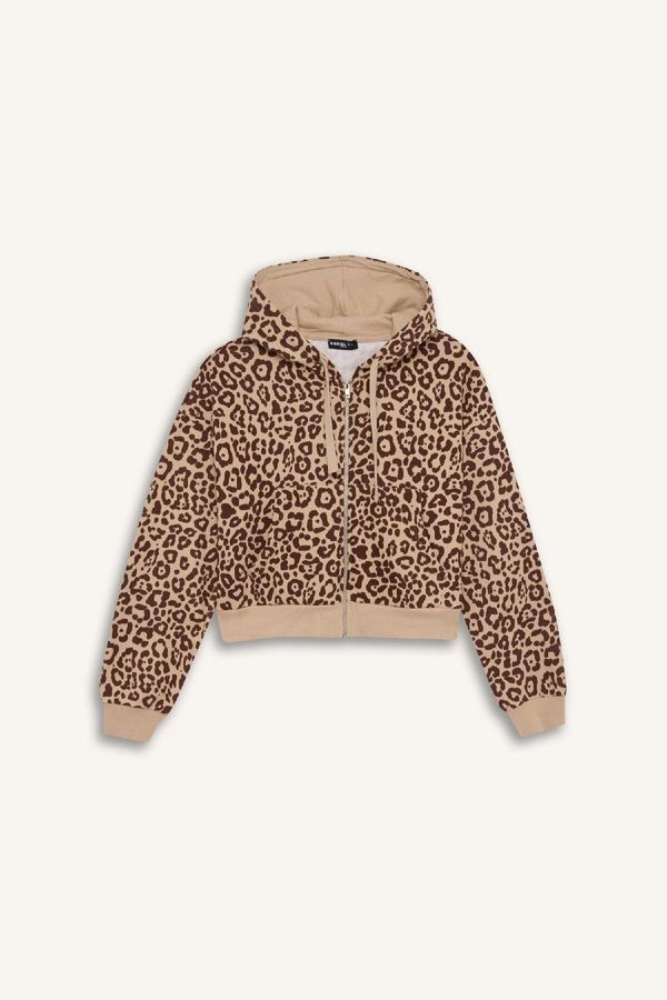 DEFACTO DEFACTO Cool Loose Fit Leopard Printed Hooded Zipper Sweatshirt