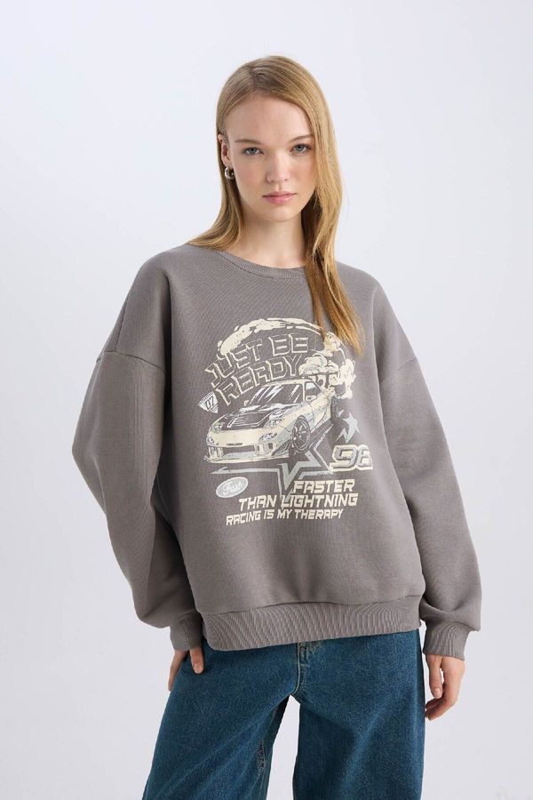 DEFACTO DEFACTO Cool Oversize Wide Pattern Crew Neck Printed Thick Sweatshirt