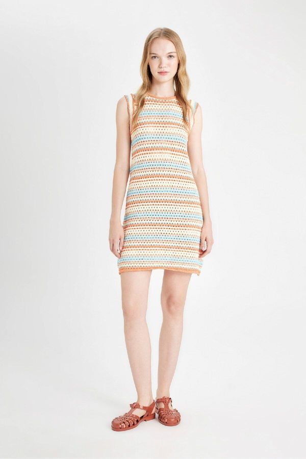 DEFACTO DEFACTO Cool Patterned Crew Neck Crochet Knit Sleeveless Dress