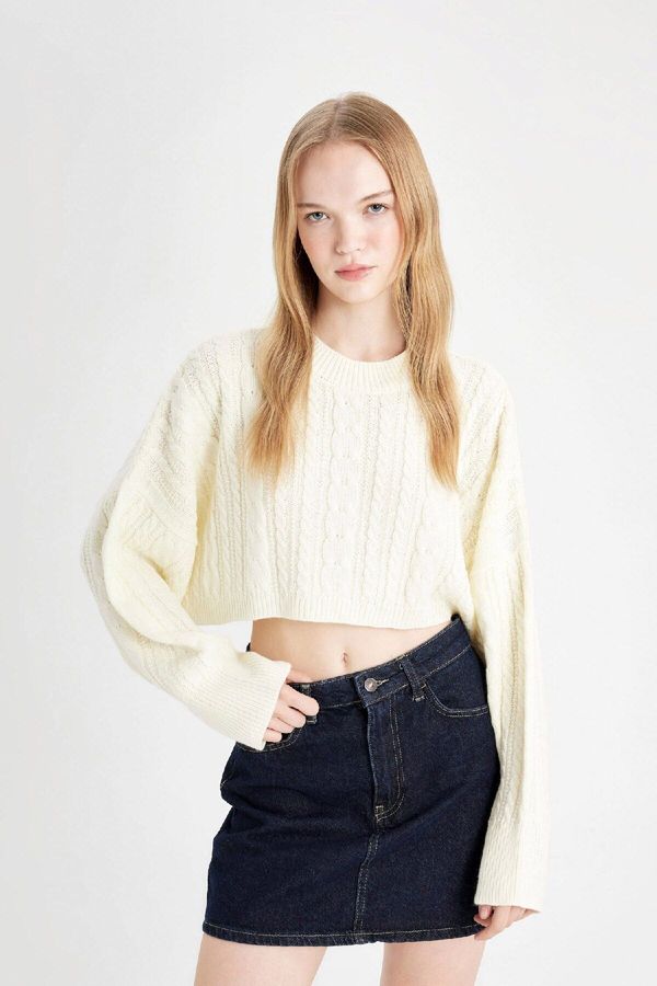 DEFACTO DEFACTO Cool Regular Fit Crop Crew Neck Hair Knitted Sweater