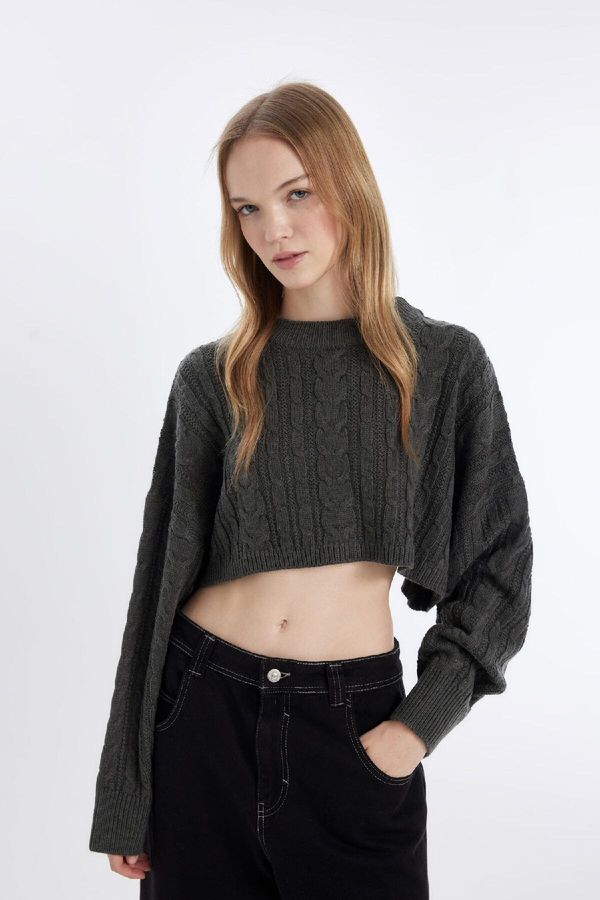 DEFACTO DEFACTO Cool Regular Fit Crop Crew Neck Hair Knitted Sweater