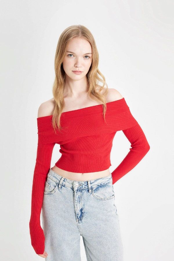DEFACTO DEFACTO Cool Slim Fit Slim Cut Open Shoulder Basic Plain Knitwear Sweater