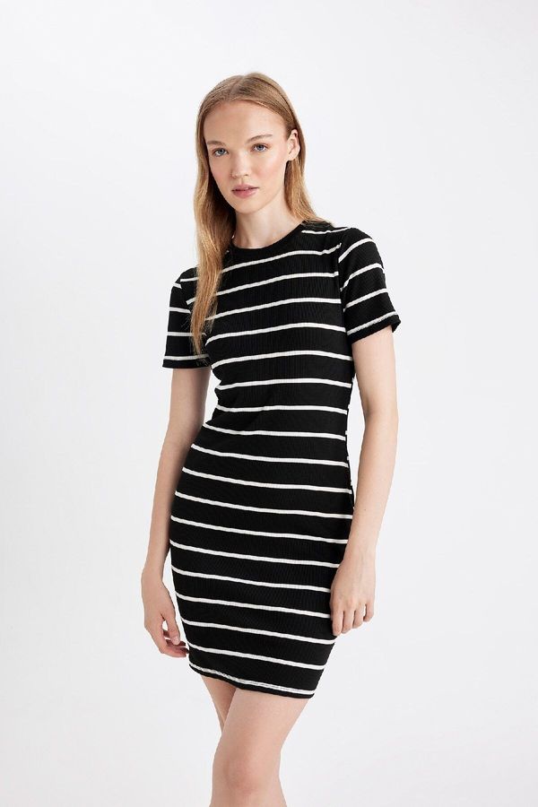 DEFACTO DEFACTO Coool Bodycon Crew Neck Striped Ribbed Camisole Short Sleeve Mini Dress