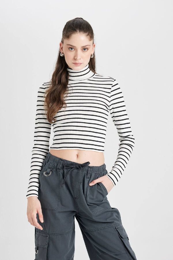 DEFACTO DEFACTO Coool Fitted Striped Ribbed Camisole Turtleneck Long Sleeve T-Shirt D8072ax24au