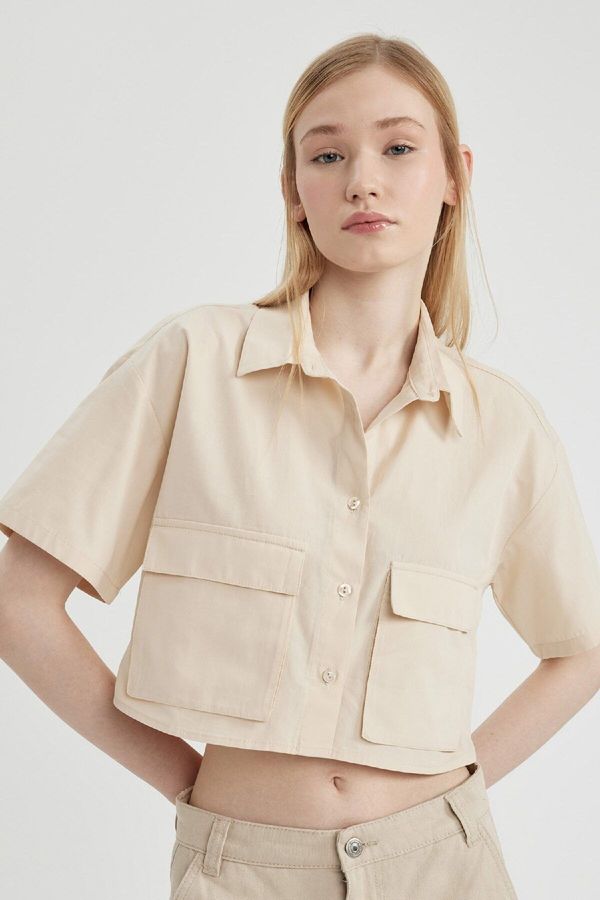 DEFACTO DEFACTO Coool Oversize Wide Fit Poplin Short Sleeve Crop Shirt