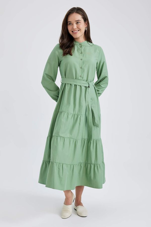 DEFACTO DEFACTO Crew Neck Basic Belted Long Sleeve Poplin Maxi Dress