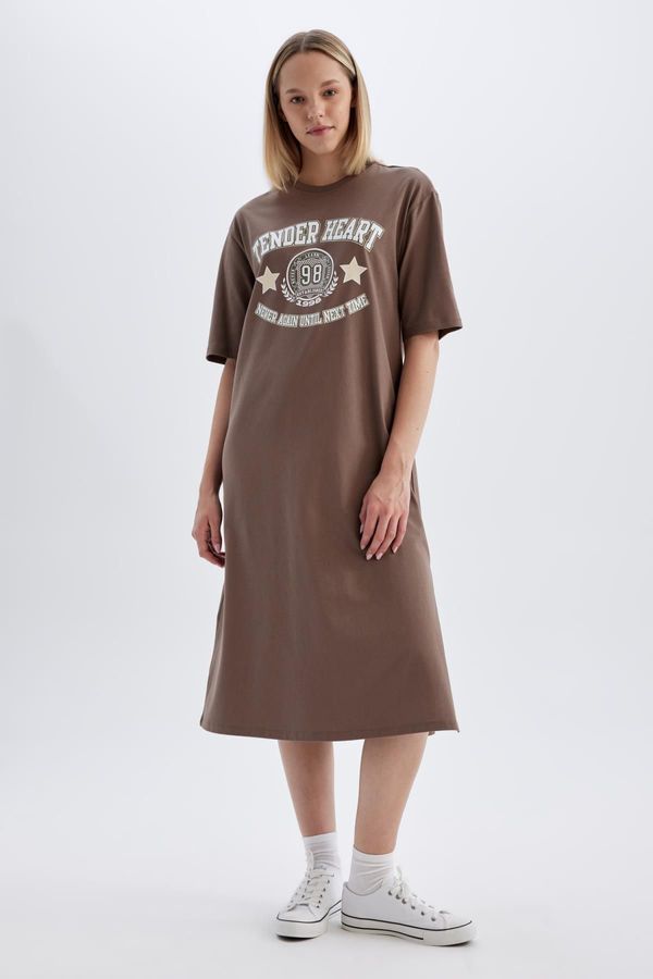 DEFACTO DEFACTO Crew Neck Printed Combed Cotton Short Sleeve Midi Dress