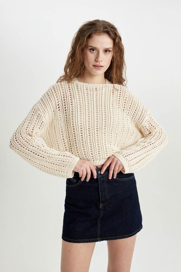 DEFACTO DEFACTO Crop Boat Neck Crochet Sweater