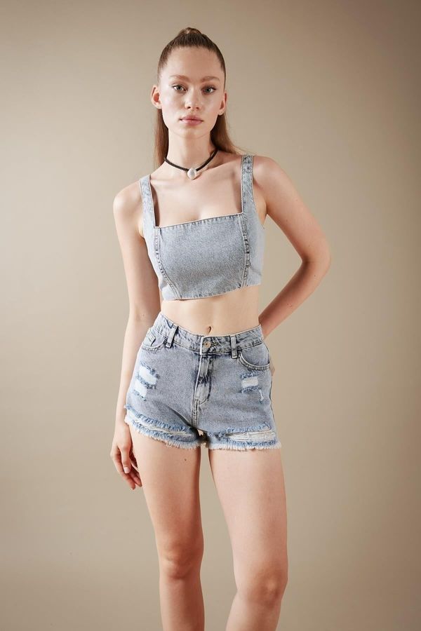 DEFACTO DEFACTO Crop Square Neck 100% Cotton Jean Blouse