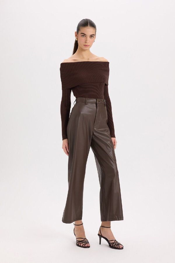 DEFACTO DEFACTO Culotte High Waist Crop Fit Crop Faux Leather Pants