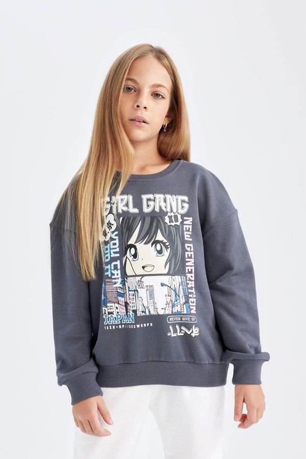 DEFACTO DEFACTO DFC - Girl's Oversize Fit Crew Neck Printed Sweatshirt