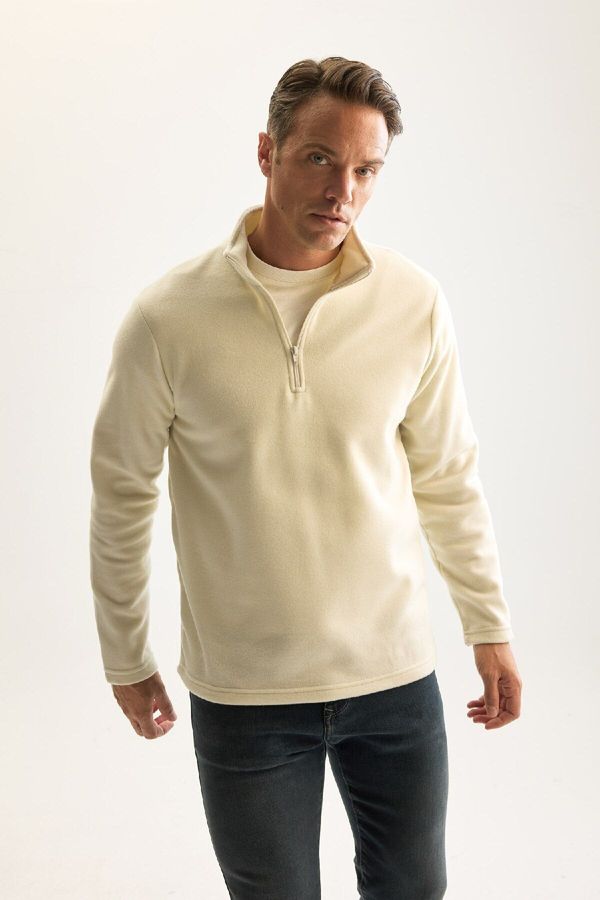 DEFACTO DEFACTO Ecru Non-Pilling Cold-Proof Regular Fit Stand-up Collar Zippered Polar Fleece Sweatshirt