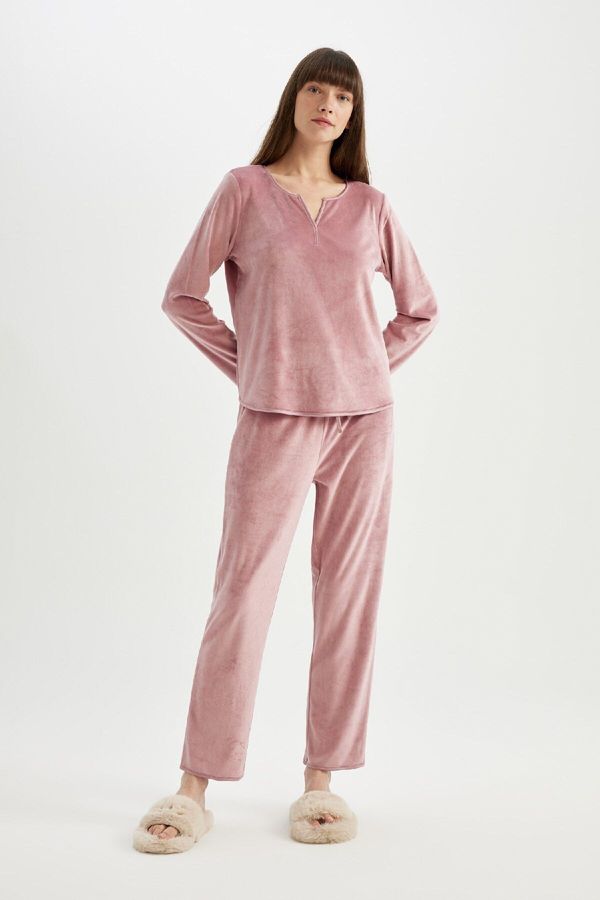 DEFACTO DEFACTO Fall In Love Pajama Set V Neck Velour Long Sleeve Top Elastic Waist Bottom