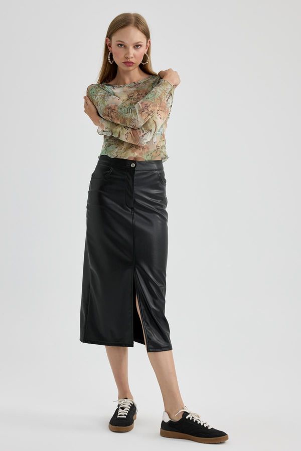 DEFACTO DEFACTO Faux Leather Slit Midi Skirt