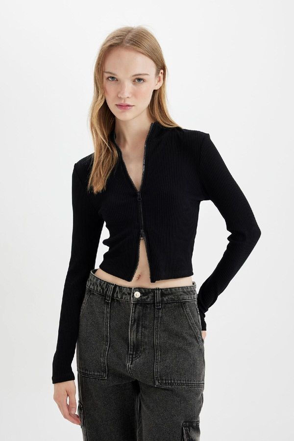 DEFACTO DEFACTO Fitted Stand Collar Basic Plain Zippered Ribbed Camisole Crop Black Cardigan