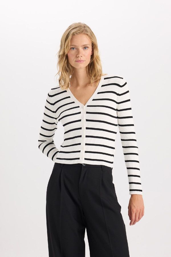 DEFACTO DEFACTO Fitted V Neck Striped Button Closure Ribbed Look Viscose Cardigan