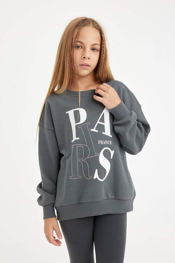 DEFACTO DEFACTO Girl Anthracite Oversize Fit Wide Mold Crew Neck Slogan Printed Sweatshirt