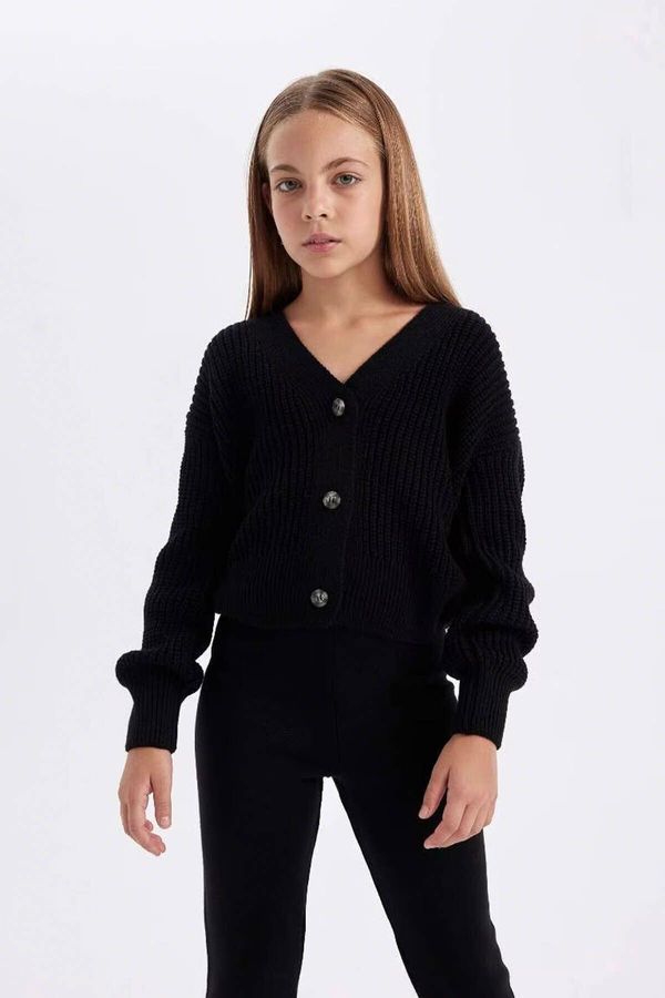 DEFACTO DEFACTO Girl Basic V Neck Button Closure Black Knitted Cardigan