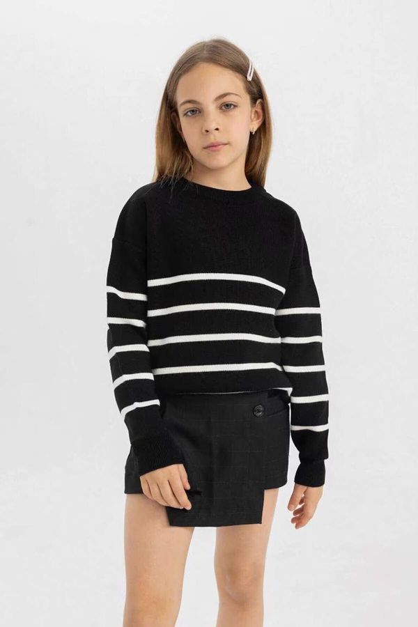 DEFACTO DEFACTO Girl Black Striped Crew Neck Knitwear School Sweater