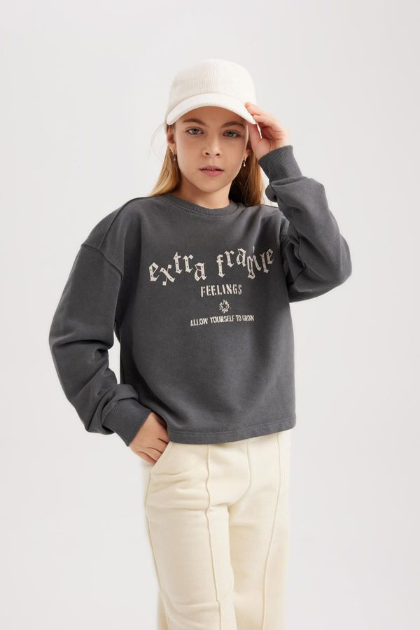 DEFACTO DEFACTO Girl Crop Printed Crew Neck Sweatshirt