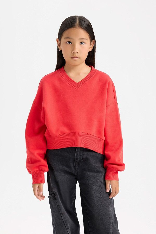 DEFACTO DEFACTO Girl Crop V Neck Basic Plain Sweatshirt