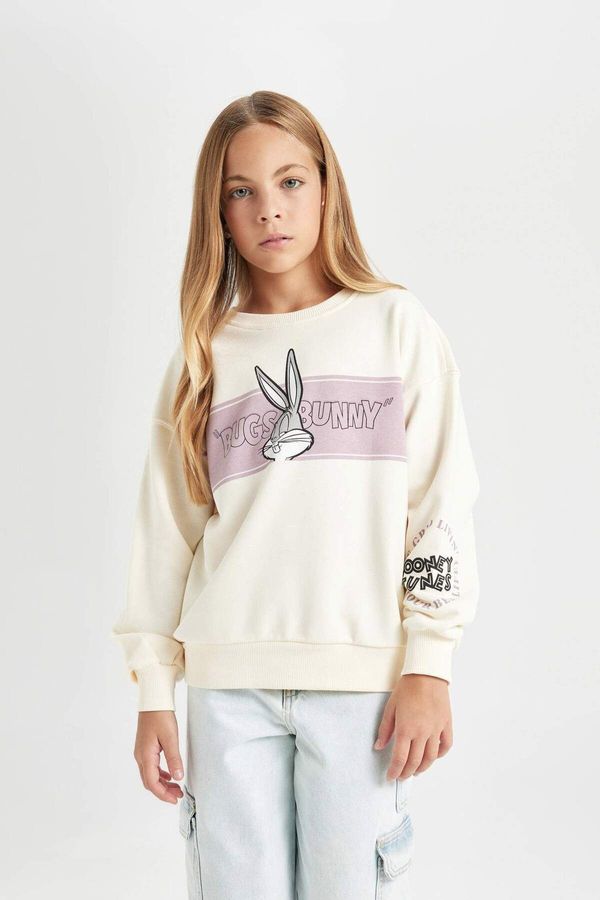 DEFACTO DEFACTO Girl Ecru Looney Tunes Printed Relax Fit Crew Neck Sweatshirt