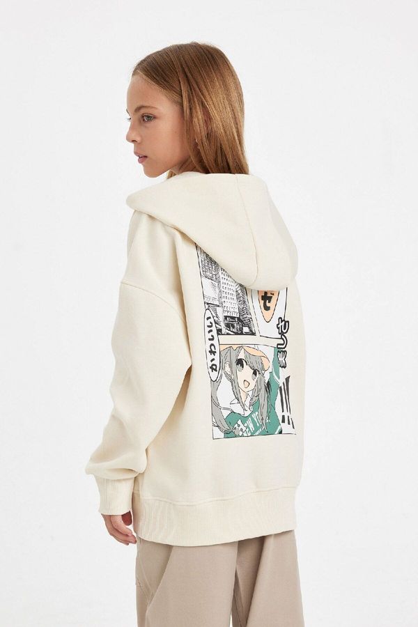 DEFACTO DEFACTO Girl Ecru Oversize Fit Wide Mold Back Printed Hooded Sweatshirt