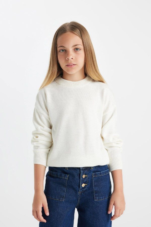 DEFACTO DEFACTO Girl Ecru Standard Fit Crew Neck Basic Plain Knitwear Sweater