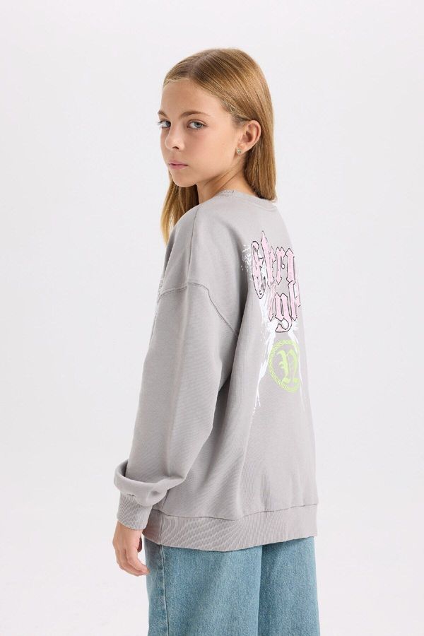 DEFACTO DEFACTO Girl Gray Oversize Fit Wide Mold Crew Neck Back Printed Sweatshirt