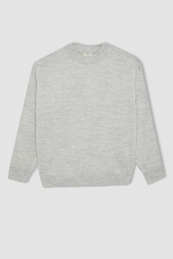 DEFACTO DEFACTO Girl Light Gray Standard Fit Crew Neck Basic Plain Knitwear Sweater