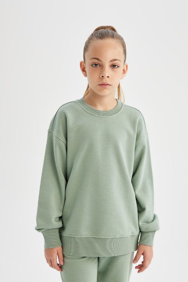 DEFACTO DEFACTO Girl Light Green Relax Fit Crew Neck Cotton Basic Plain School Sweatshirt