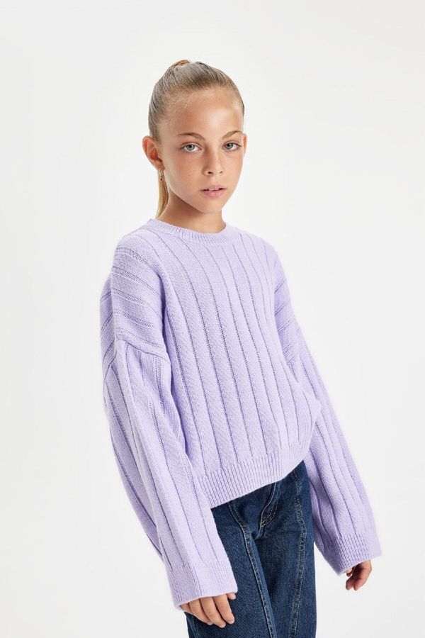 DEFACTO DEFACTO Girl Lilac Oversize Fit Wide Pattern Crew Neck Basic Plain Knitwear Sweater