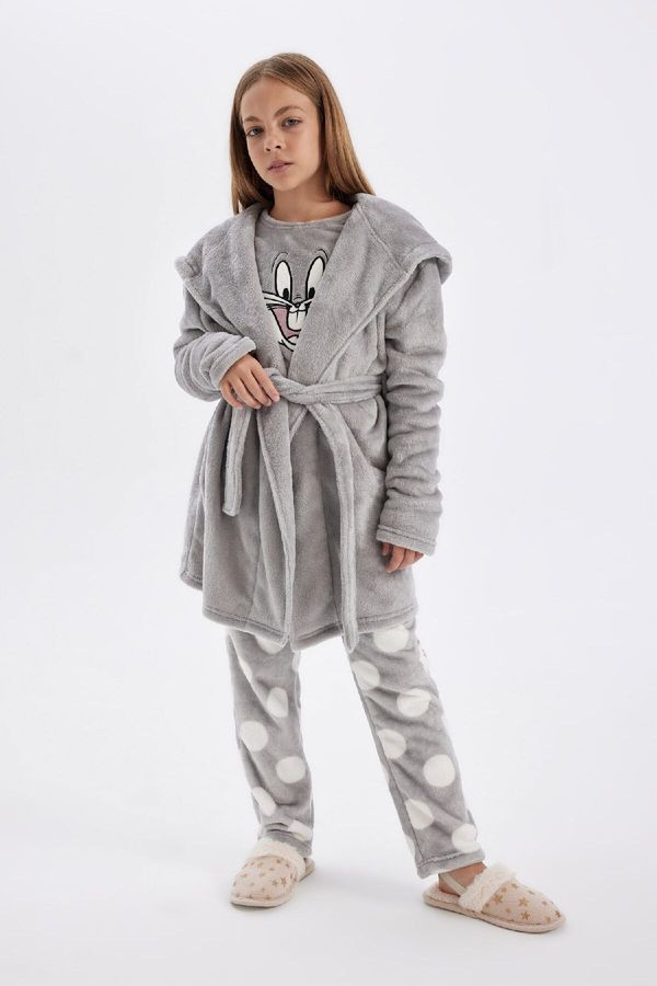 DEFACTO DEFACTO Girl Long Sleeve Hooded Belted Dressing Gown