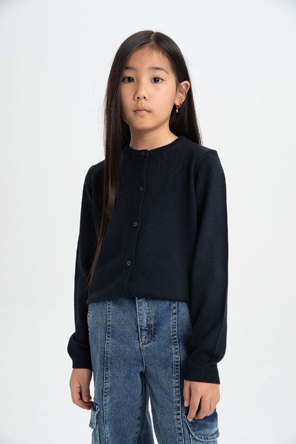 DEFACTO DEFACTO Girl Navy Blue Crew Neck Buttoned School Cardigan