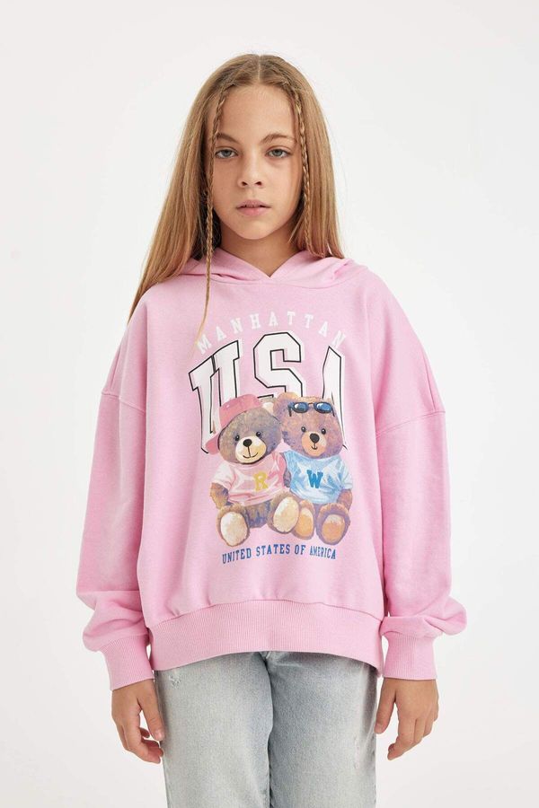 DEFACTO DEFACTO Girl Oversize Fit Hooded Bear Printed Sweatshirt