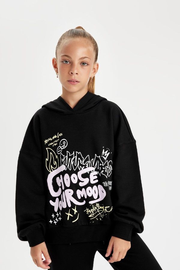 DEFACTO DEFACTO Girl Oversize Fit Hooded Printed Sweatshirt