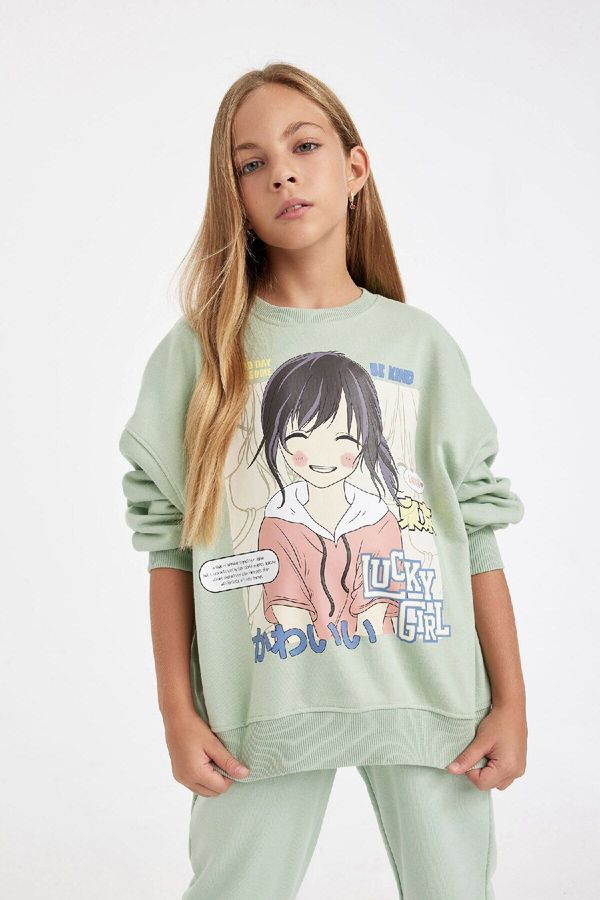 DEFACTO DEFACTO Girl Oversize Wide Pattern Crew Neck Printed Sweatshirt