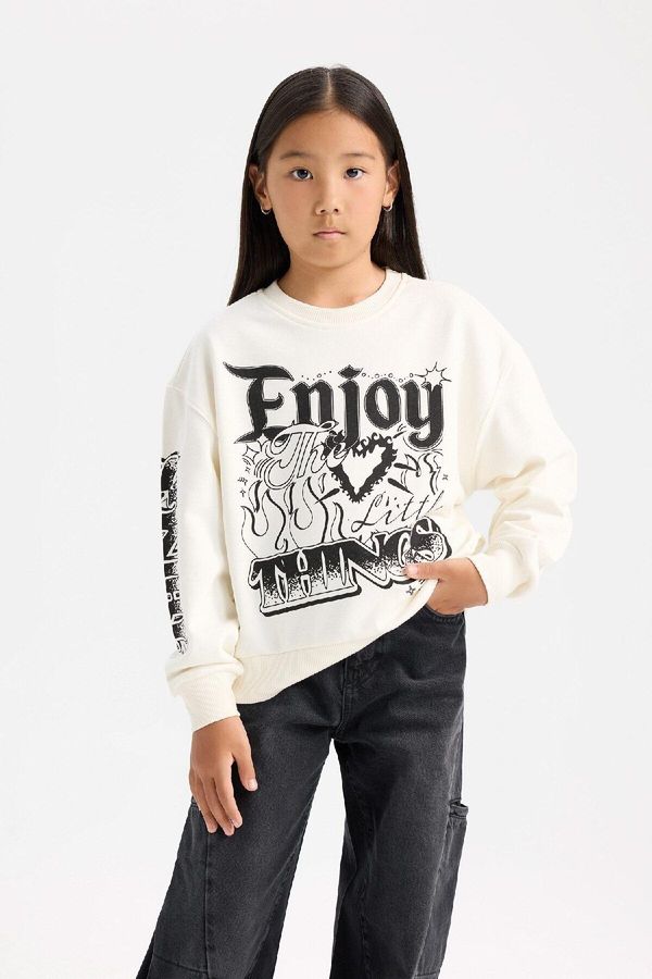 DEFACTO DEFACTO Girl Oversize Wide Pattern Crew Neck Sweatshirt