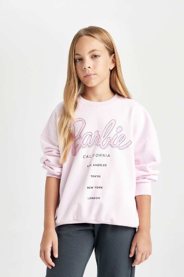 DEFACTO DEFACTO Girl Pink Barbie Oversize Fit Wide Pattern Crew Neck Sweatshirt