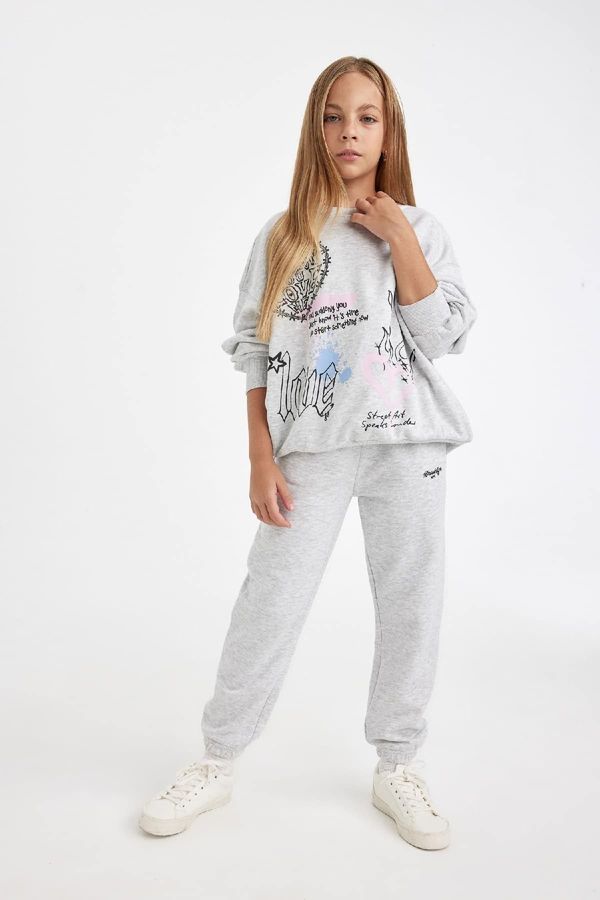 DEFACTO DEFACTO Girl Printed Elastic Waist Leg Gray Jogger Sweatpants